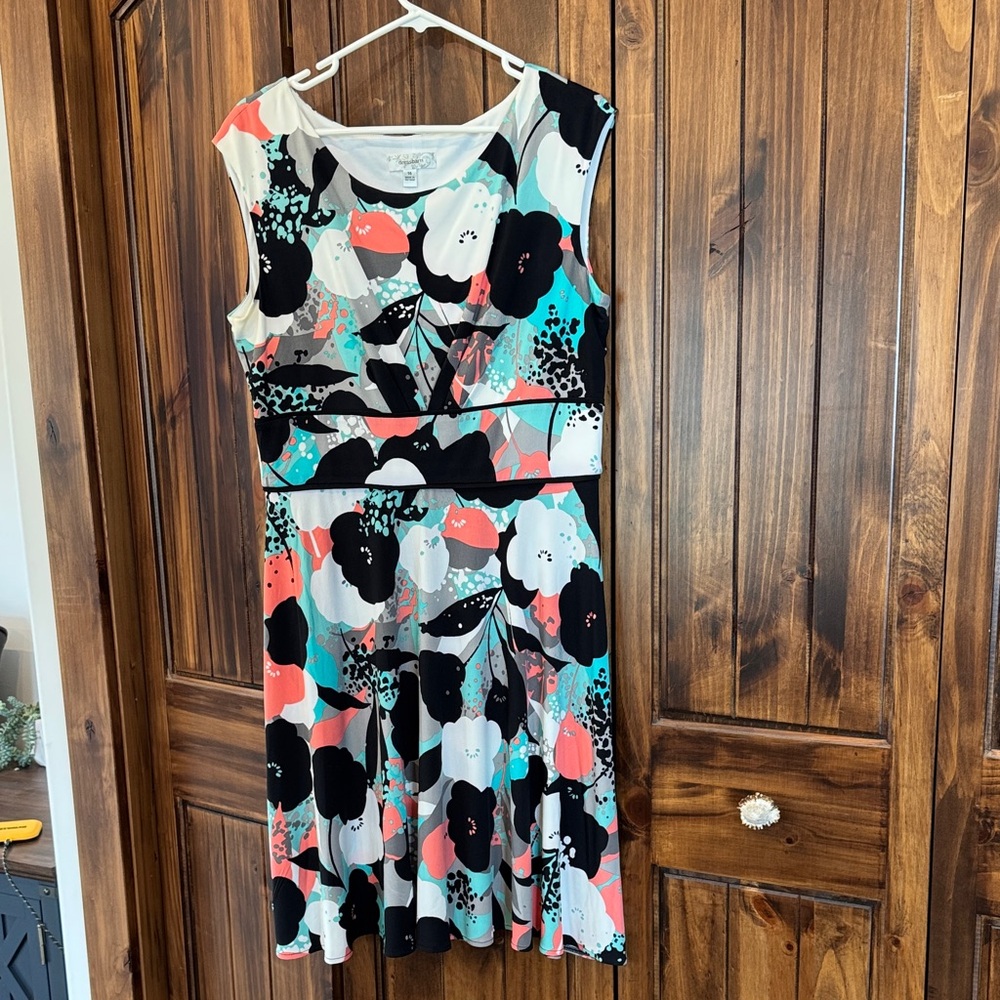 Dress Barn Sleeveless Floral Midi Dress in Black, Coral & Teal